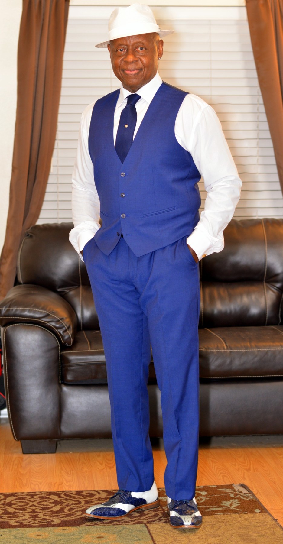 Royal blue suit with white fedora full outfit