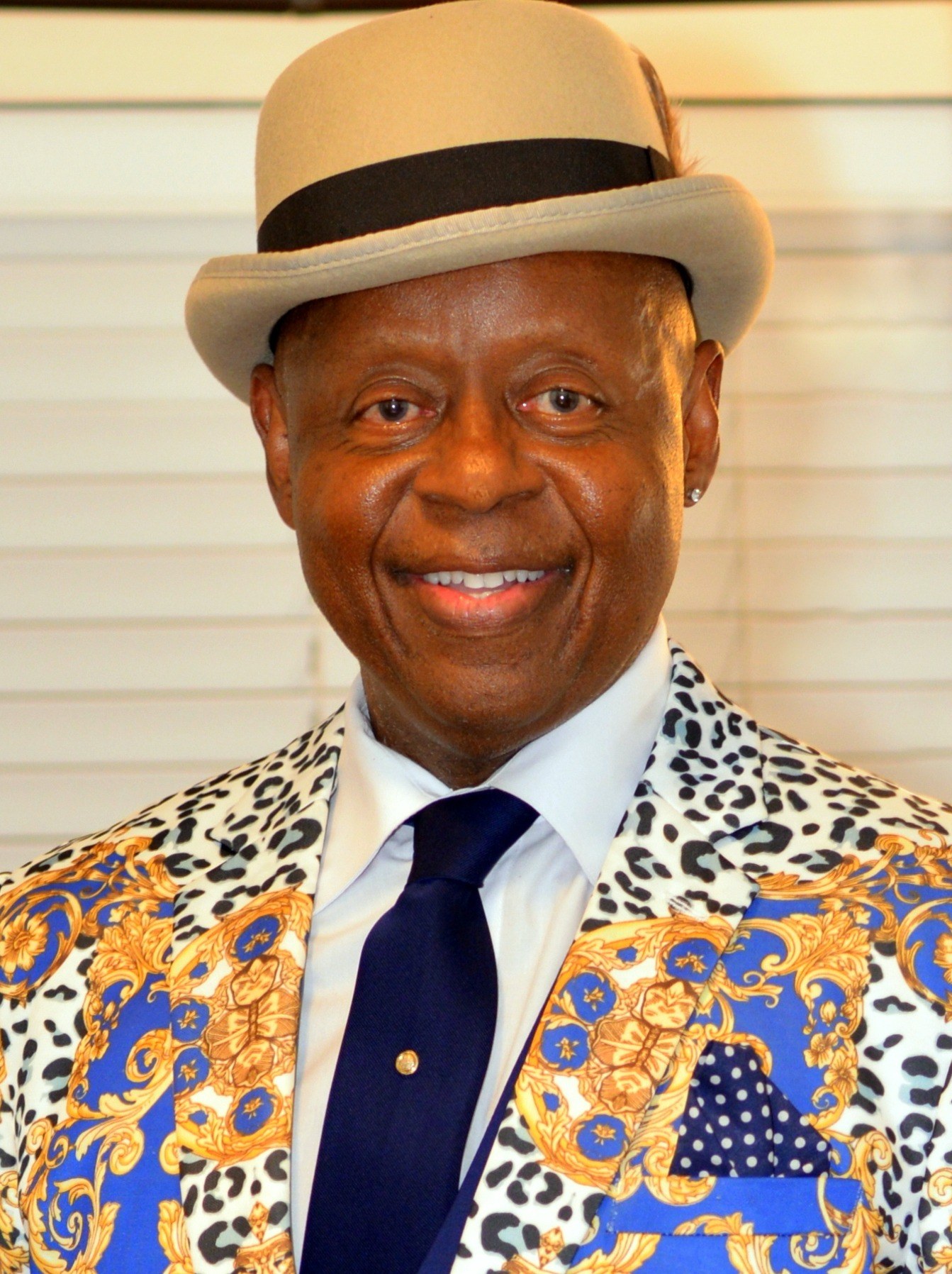 Close up of patterned blazer and hat